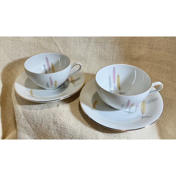 2 WINTERLING Bavaria MCM mid century modern pastel WHEAT feather cups & saucers - Picture 2 of 9